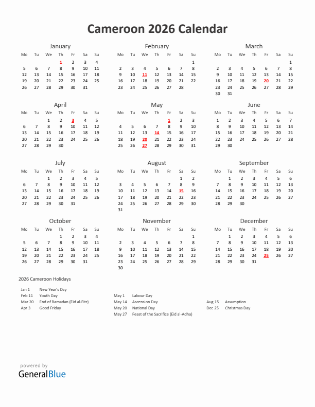2026 Yearly Calendar Printable With Cameroon Holidays