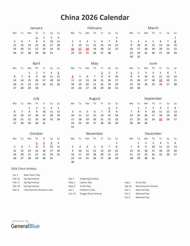 2026 Yearly Calendar Printable With China Holidays