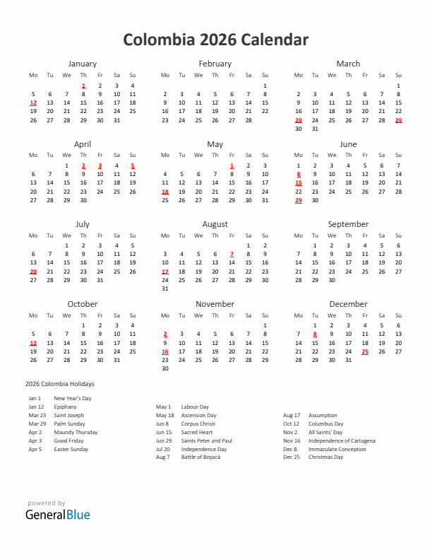 2026 Yearly Calendar Printable With Colombia Holidays