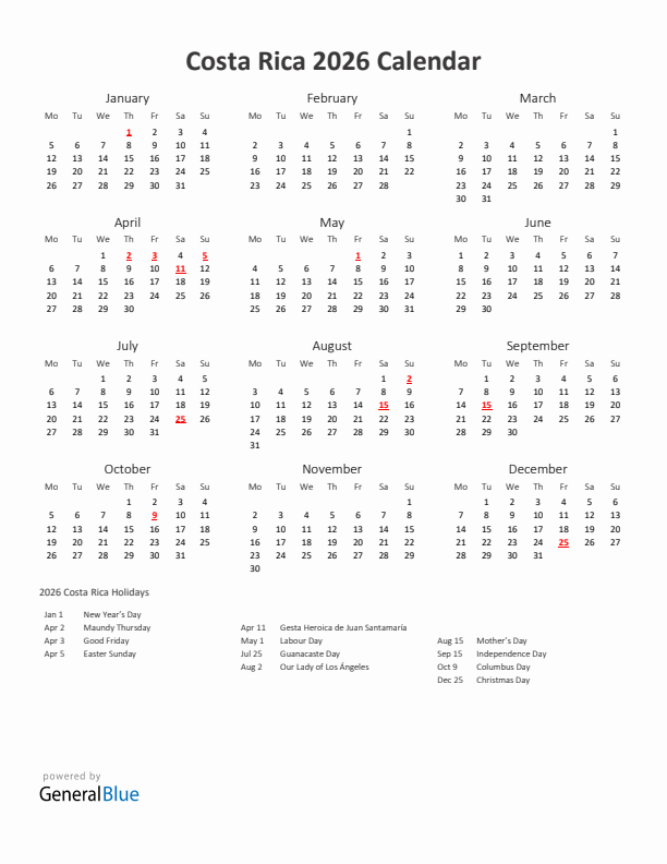 2026 Yearly Calendar Printable With Costa Rica Holidays