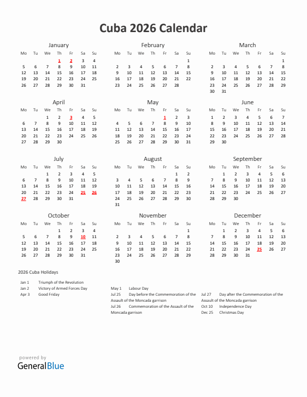 2026 Yearly Calendar Printable With Cuba Holidays