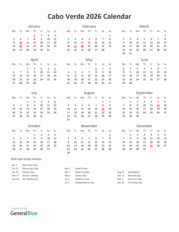 2026 Yearly Calendar Printable With Cabo Verde Holidays