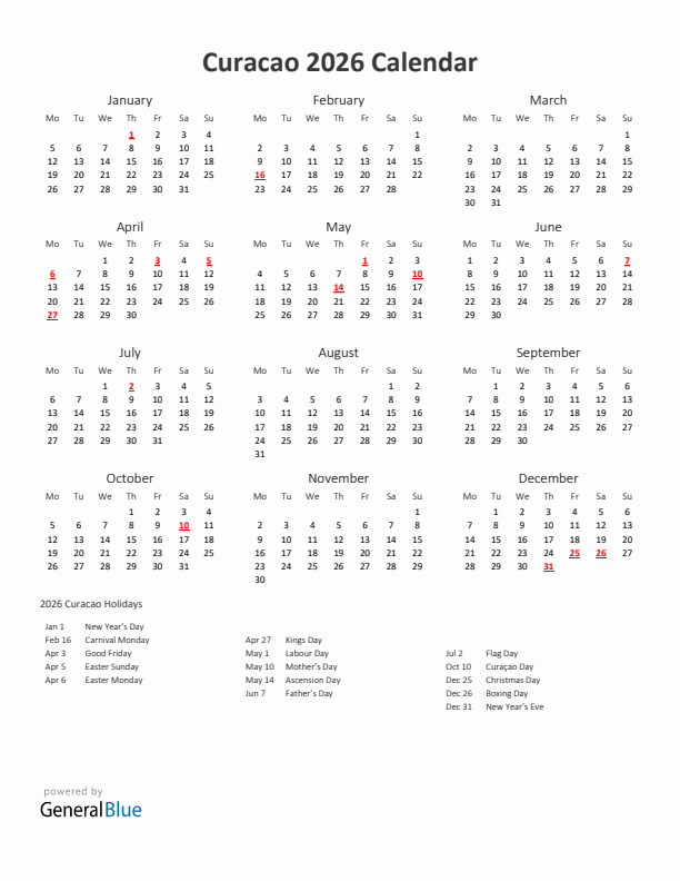 2026 Yearly Calendar Printable With Curacao Holidays