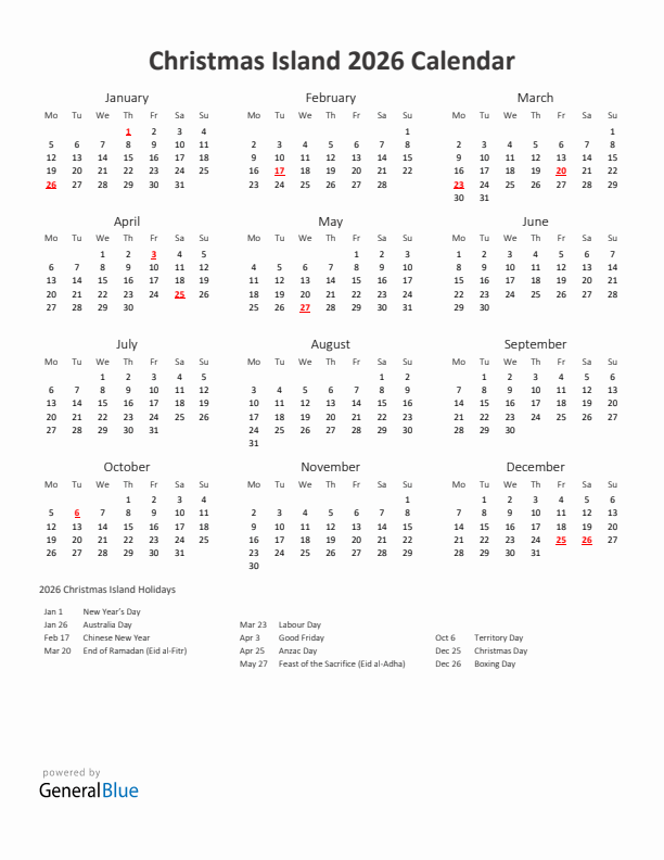 2026 Yearly Calendar Printable With Christmas Island Holidays