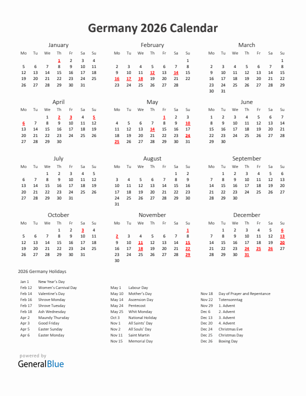 2026 Yearly Calendar Printable With Germany Holidays