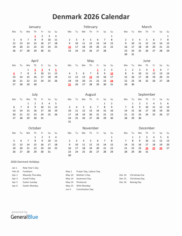 2026 Yearly Calendar Printable With Denmark Holidays