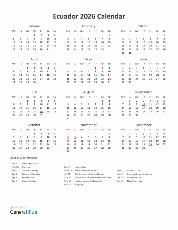 2026 Yearly Calendar Printable With Ecuador Holidays