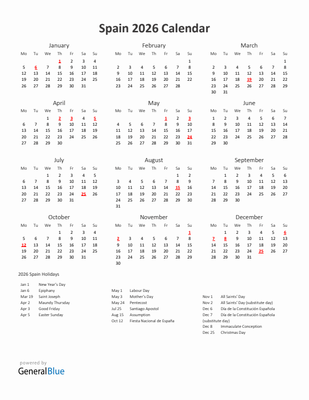 2026 Yearly Calendar Printable With Spain Holidays