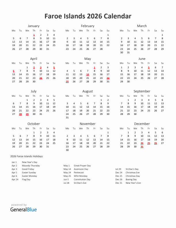 2026 Yearly Calendar Printable With Faroe Islands Holidays