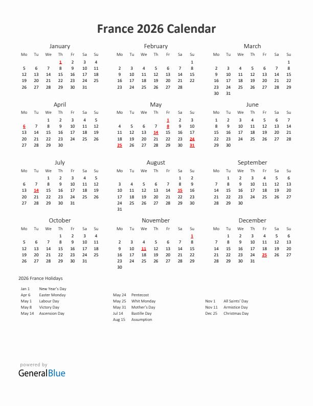 2026 Yearly Calendar Printable With France Holidays