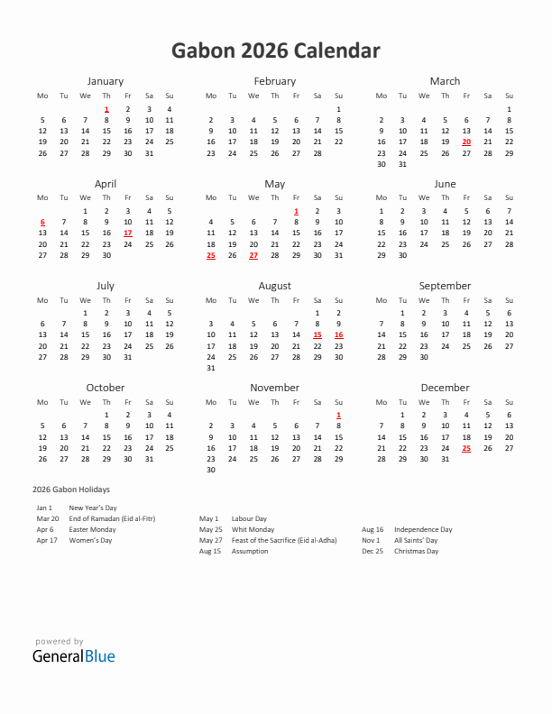 2026 Yearly Calendar Printable With Gabon Holidays