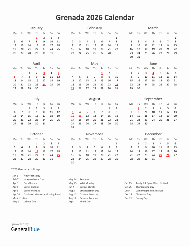 2026 Yearly Calendar Printable With Grenada Holidays