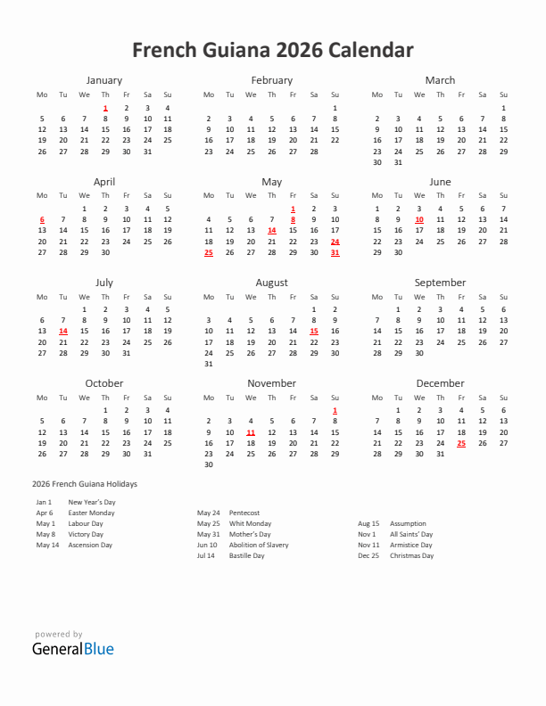 2026 Yearly Calendar Printable With French Guiana Holidays