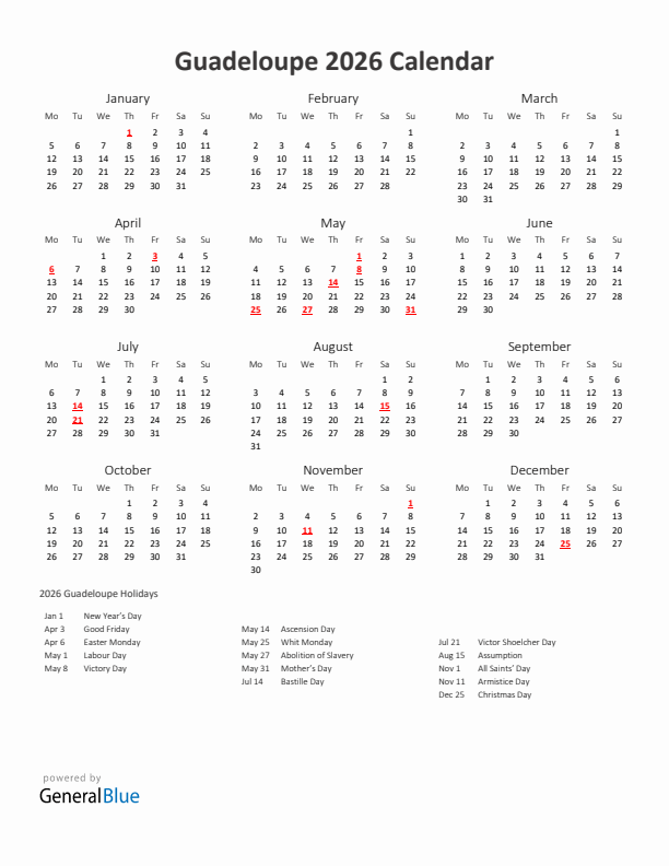 2026 Yearly Calendar Printable With Guadeloupe Holidays