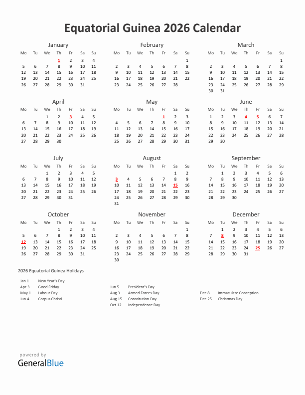 2026 Yearly Calendar Printable With Equatorial Guinea Holidays