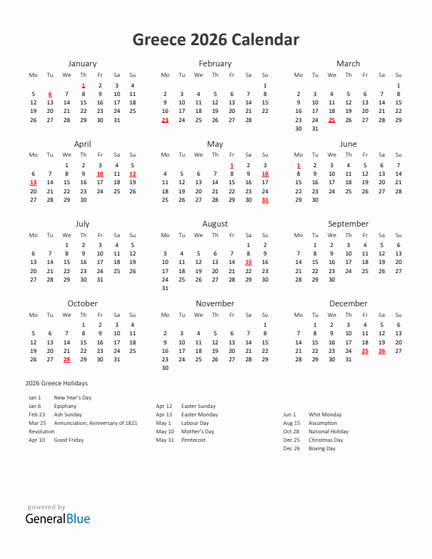 2026 Yearly Calendar Printable With Greece Holidays