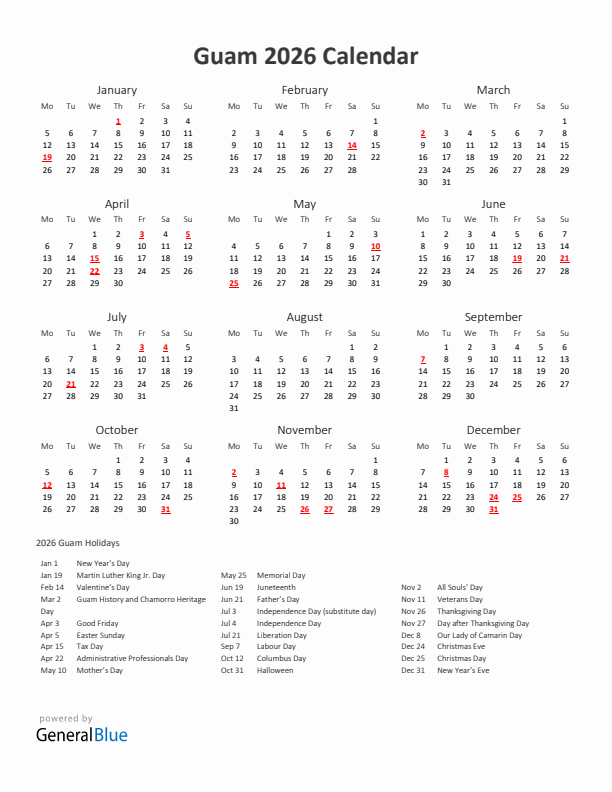 2026 Yearly Calendar Printable With Guam Holidays