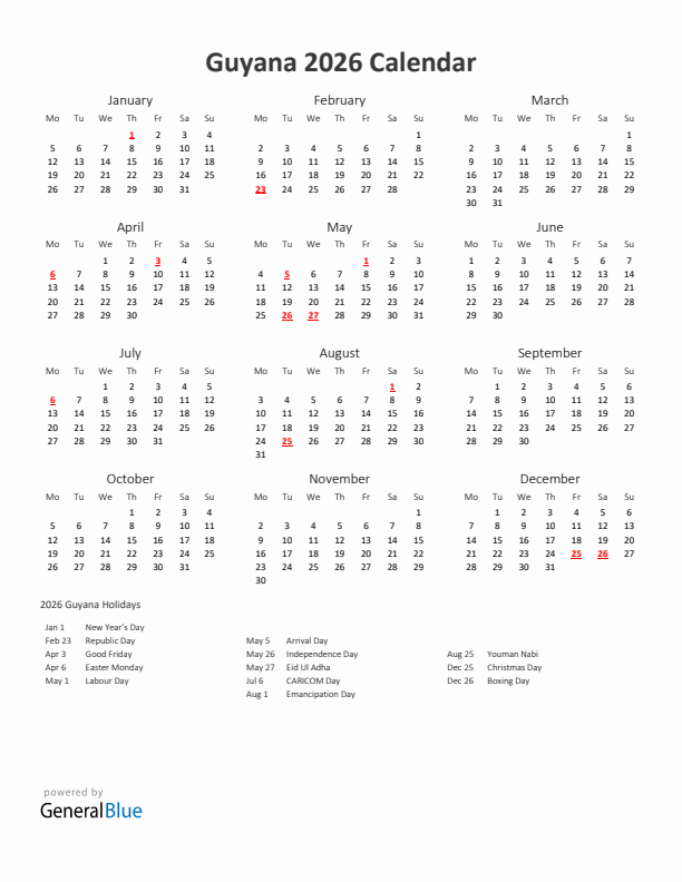 2026 Yearly Calendar Printable With Guyana Holidays