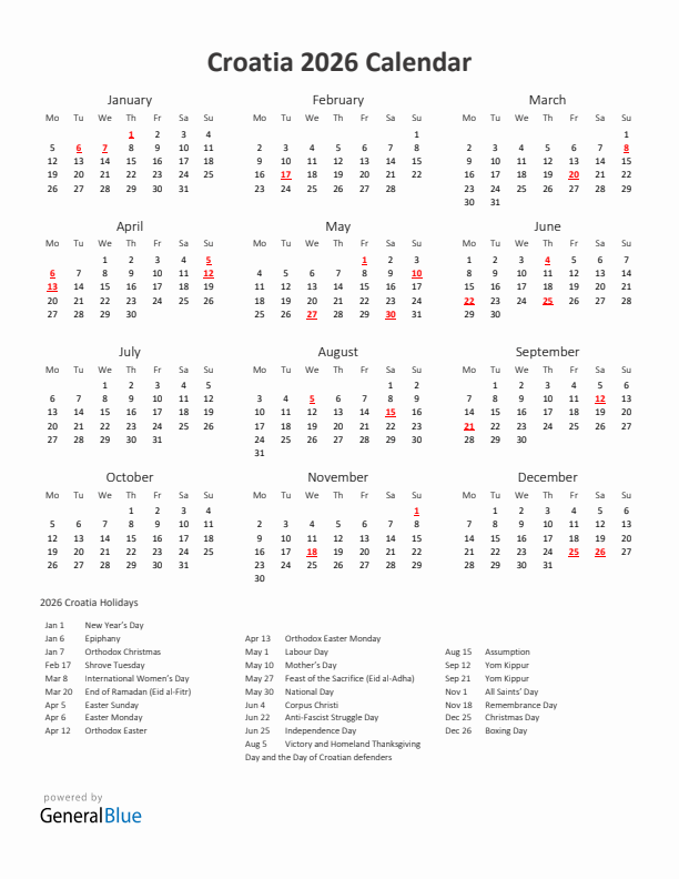2026 Yearly Calendar Printable With Croatia Holidays
