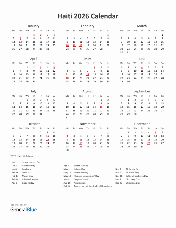 2026 Yearly Calendar Printable With Haiti Holidays