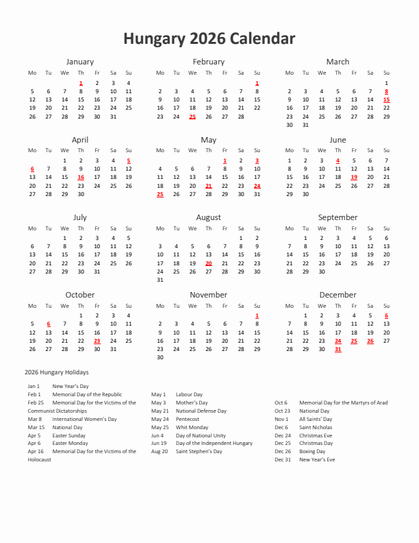 2026 Yearly Calendar Printable With Hungary Holidays
