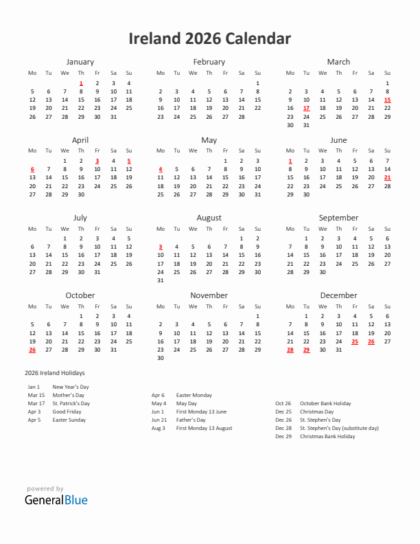 2026 Yearly Calendar Printable With Ireland Holidays