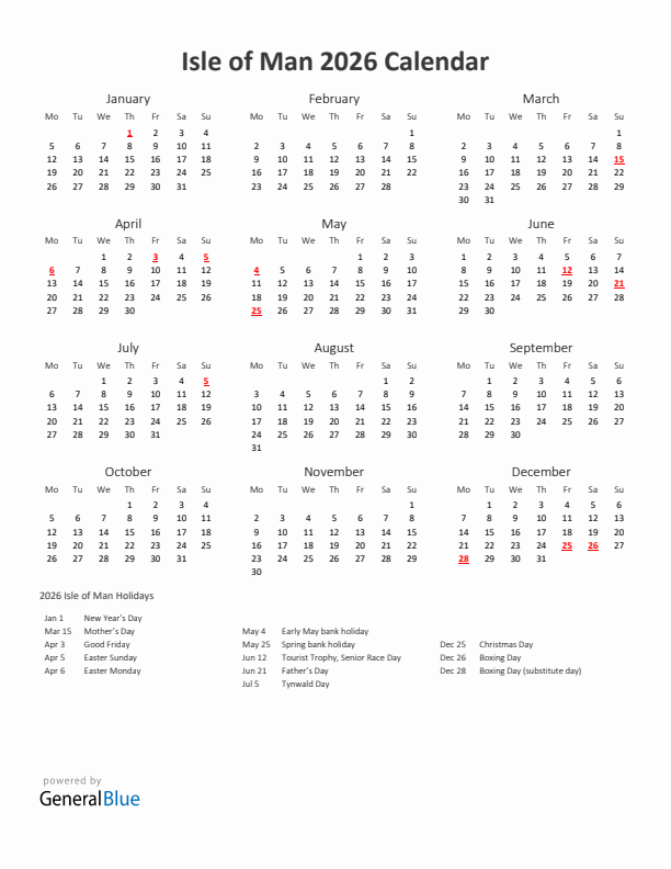 2026 Yearly Calendar Printable With Isle of Man Holidays