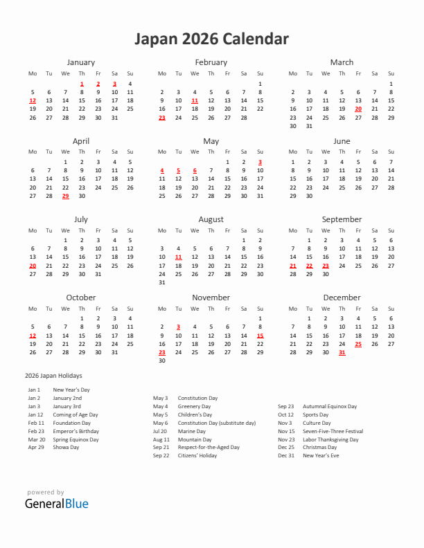 2026 Yearly Calendar Printable With Japan Holidays