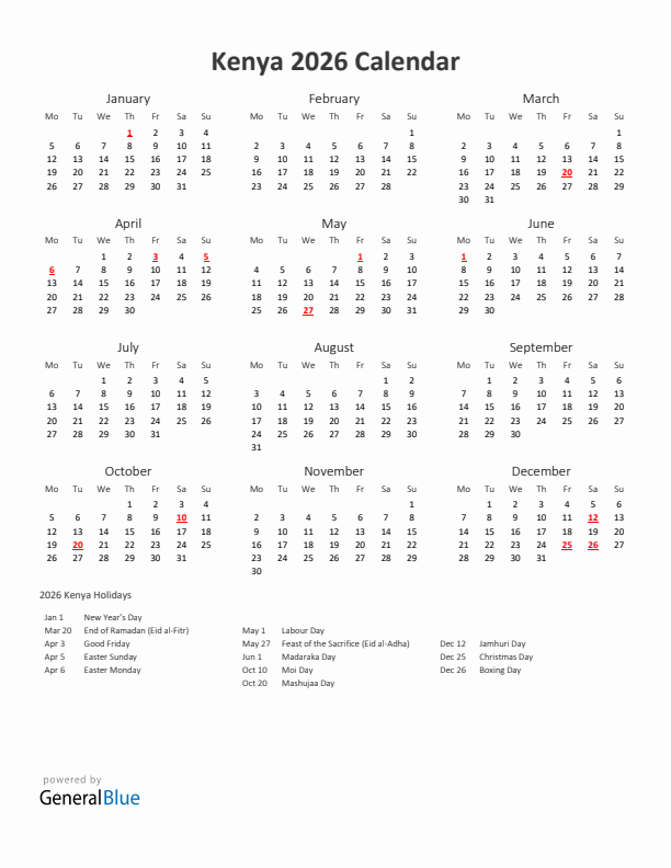 2026 Yearly Calendar Printable With Kenya Holidays