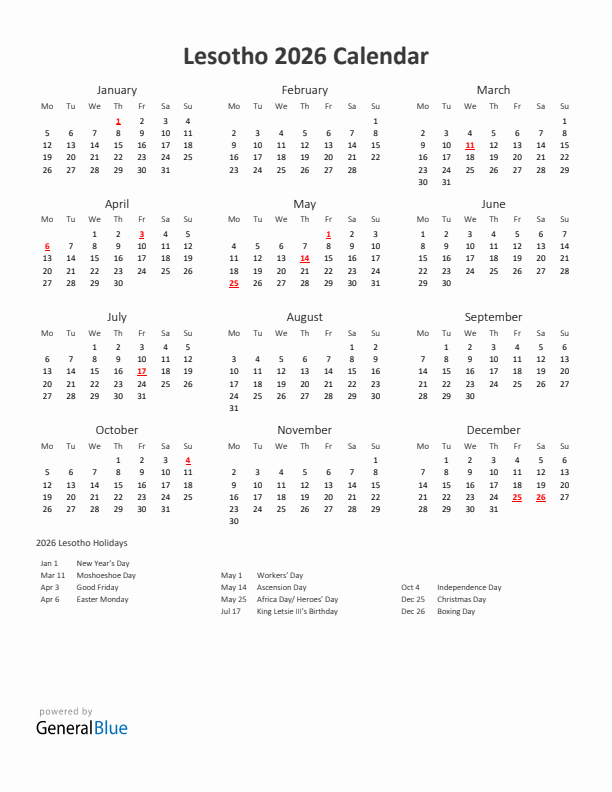 2026 Yearly Calendar Printable With Lesotho Holidays
