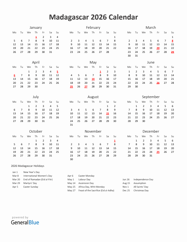 2026 Yearly Calendar Printable With Madagascar Holidays