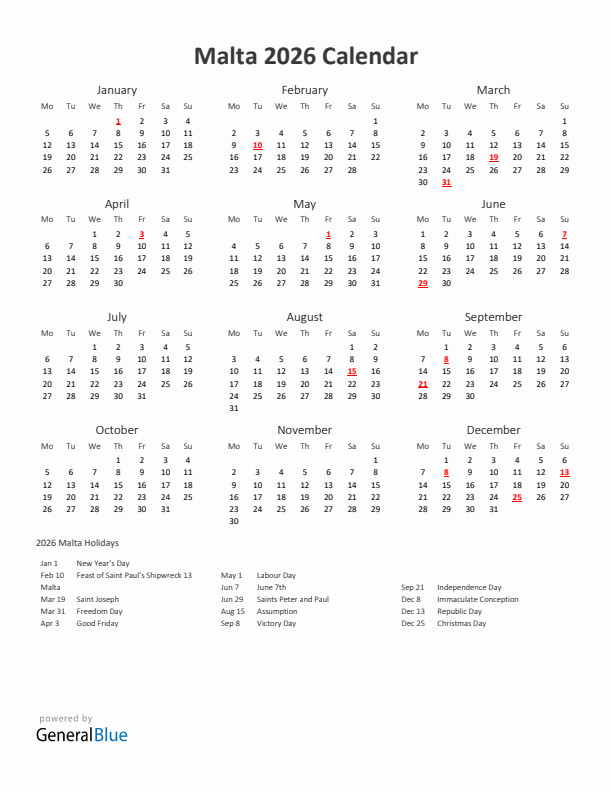 2026 Yearly Calendar Printable With Malta Holidays