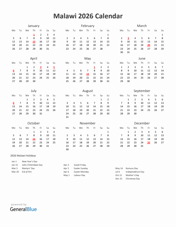 2026 Yearly Calendar Printable With Malawi Holidays