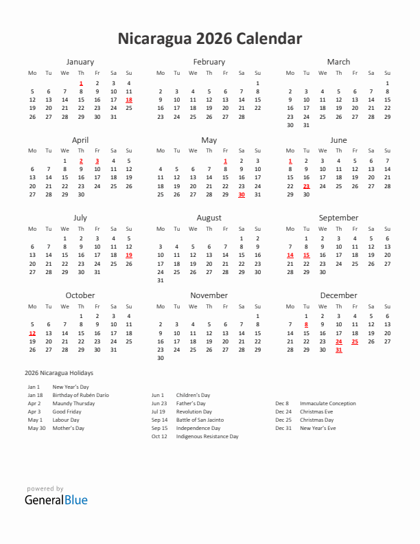 2026 Yearly Calendar Printable With Nicaragua Holidays