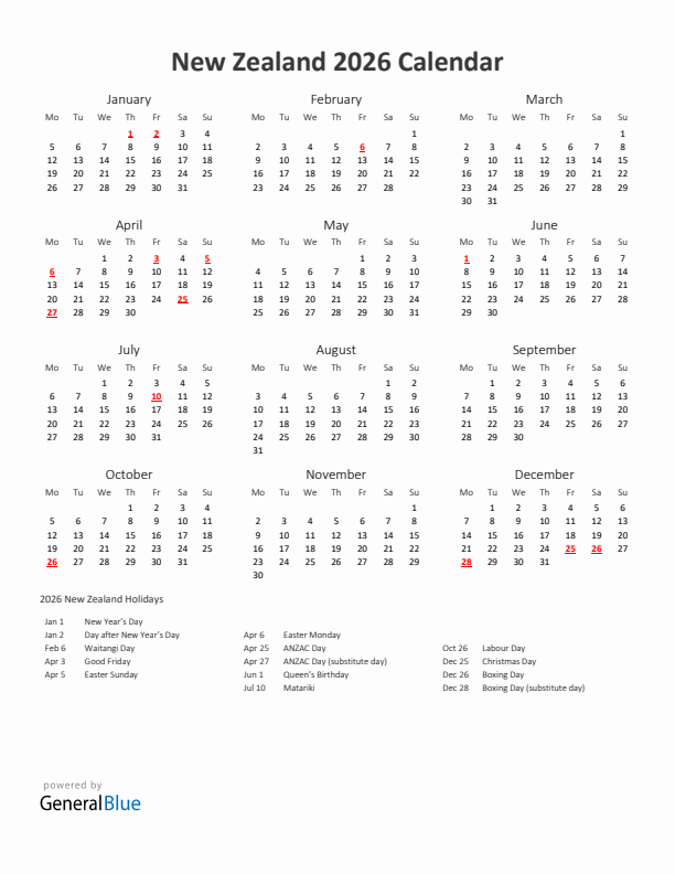 2026 Yearly Calendar Printable With New Zealand Holidays