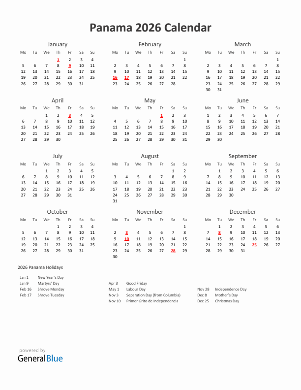 2026 Yearly Calendar Printable With Panama Holidays