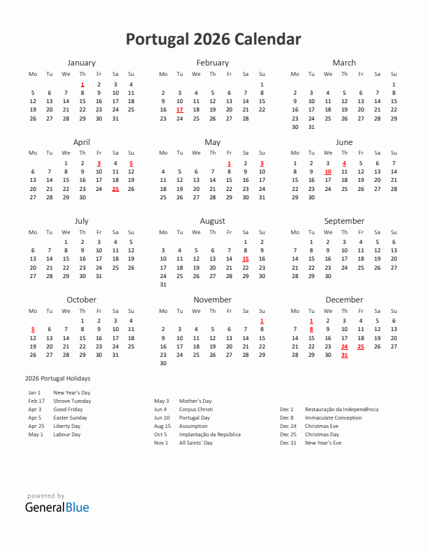 2026 Yearly Calendar Printable With Portugal Holidays