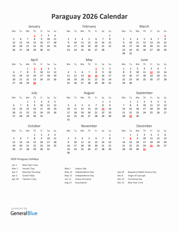 2026 Yearly Calendar Printable With Paraguay Holidays