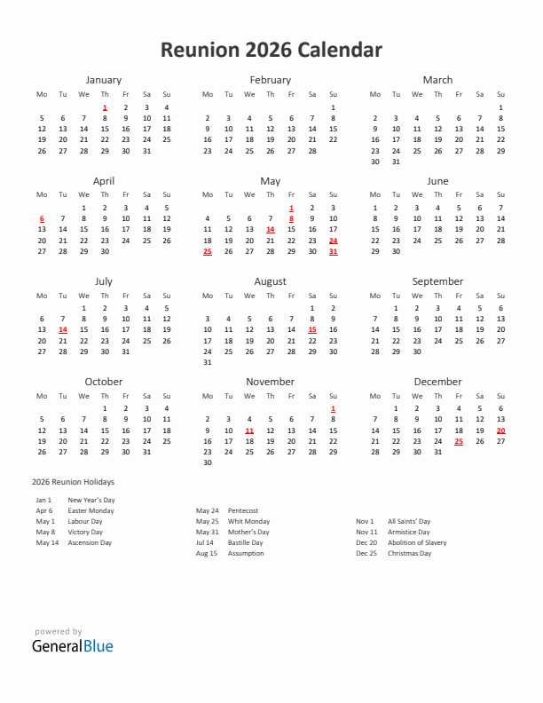 2026 Yearly Calendar Printable With Reunion Holidays
