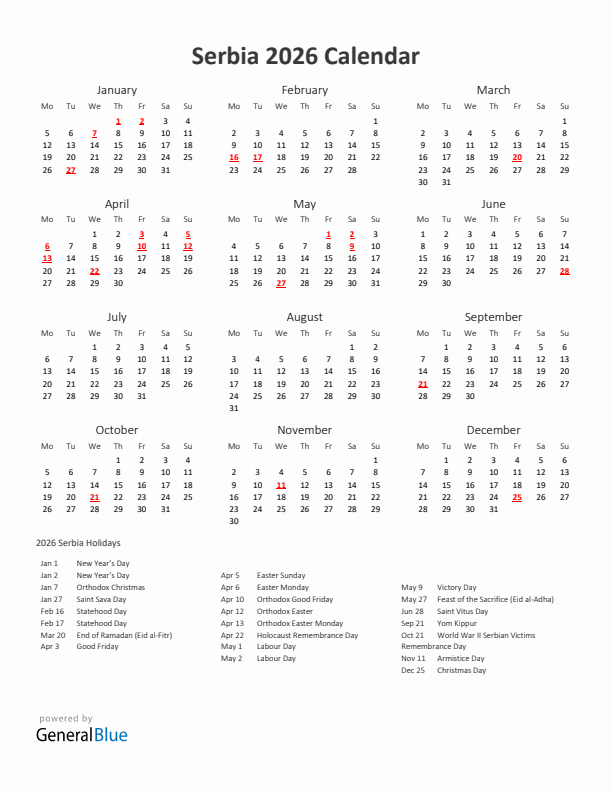 2026 Yearly Calendar Printable With Serbia Holidays