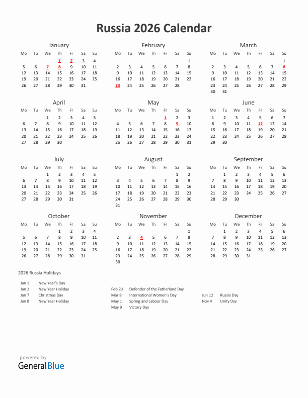 2026 Yearly Calendar Printable With Russia Holidays