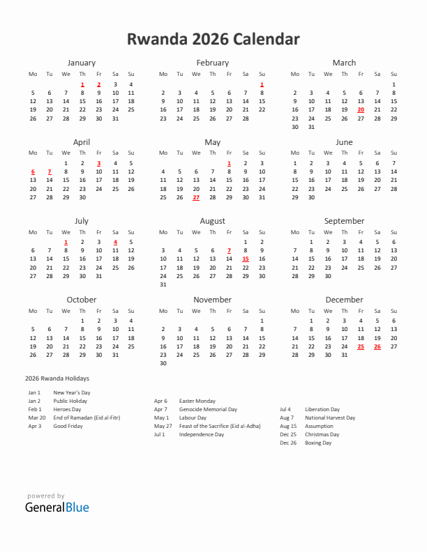 2026 Yearly Calendar Printable With Rwanda Holidays
