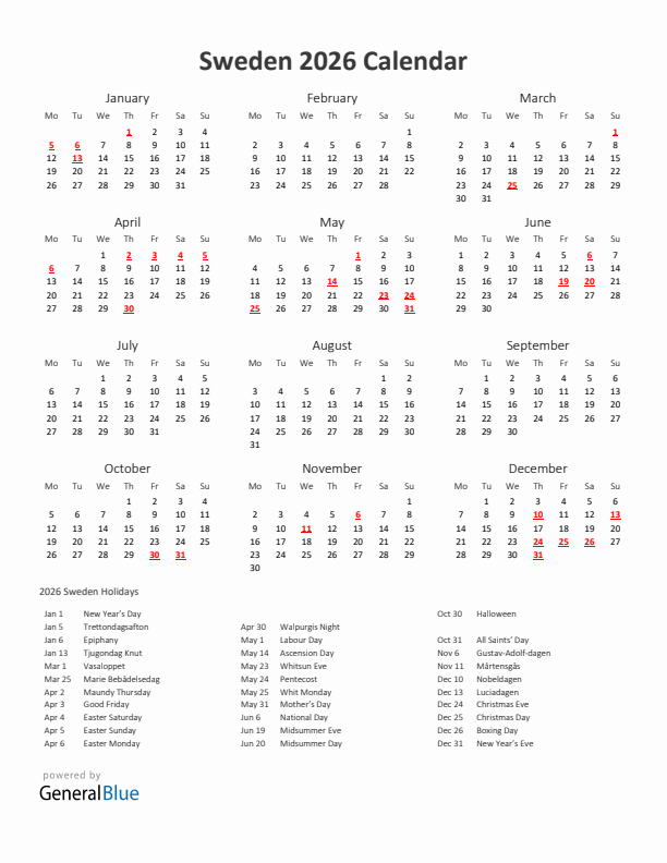 2026 Yearly Calendar Printable With Sweden Holidays
