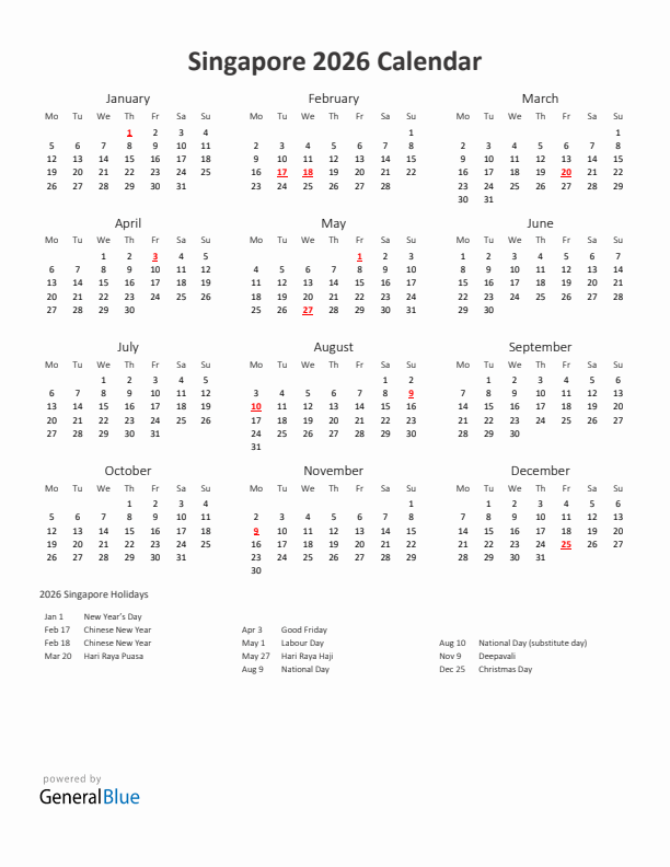2026 Yearly Calendar Printable With Singapore Holidays