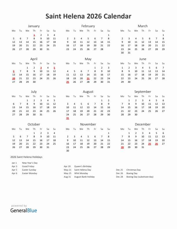 2026 Yearly Calendar Printable With Saint Helena Holidays