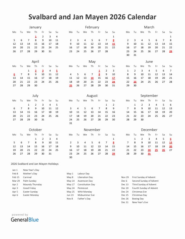 2026 Yearly Calendar Printable With Svalbard and Jan Mayen Holidays