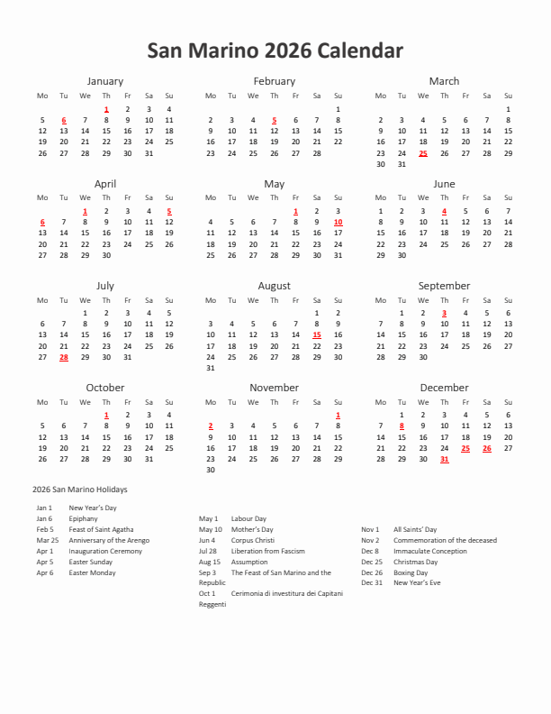 2026 Yearly Calendar Printable With San Marino Holidays