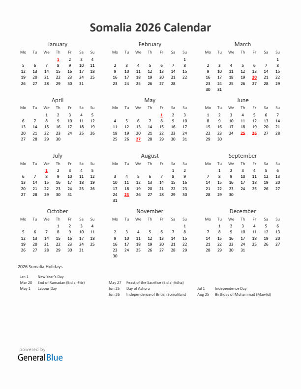 2026 Yearly Calendar Printable With Somalia Holidays
