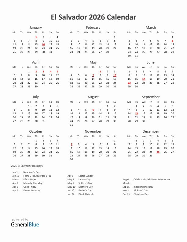 2026 Yearly Calendar Printable With El Salvador Holidays
