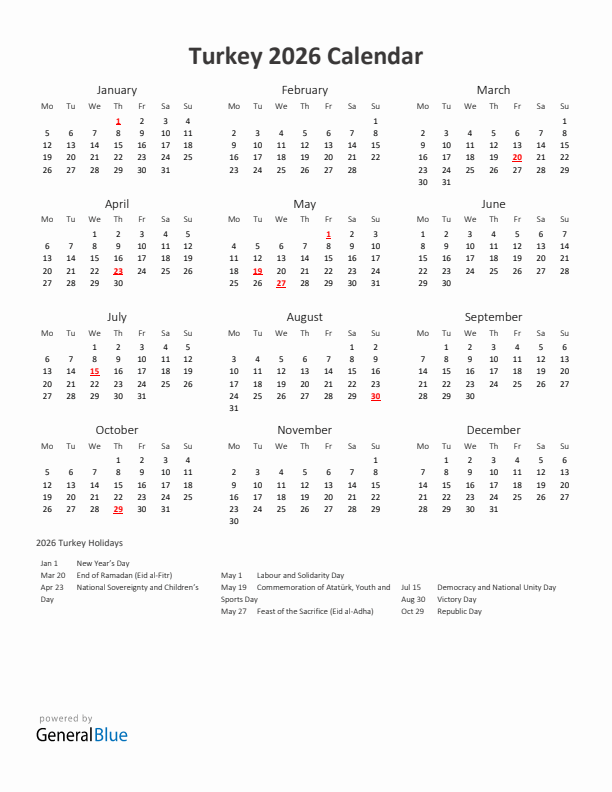 2026 Yearly Calendar Printable With Turkey Holidays